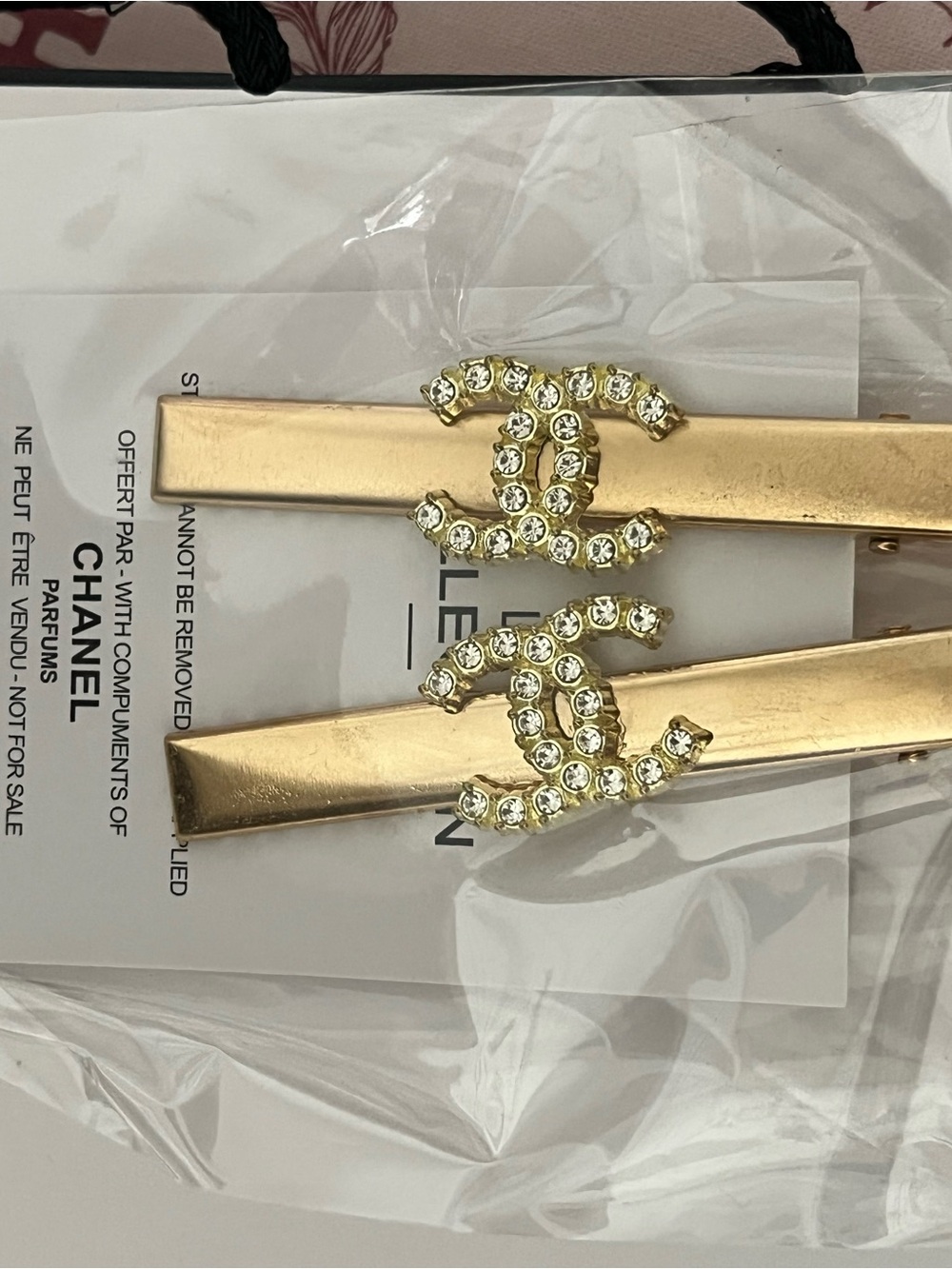 CHANEL Gold Tone Crystal CC Hair Clips - Pair